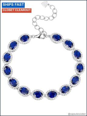 Rhodium Plated Simulated Sapphire Charm Bracelet Adjustable 6.7in